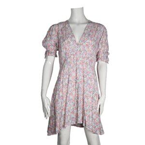 Faithfull the Brand Women's US6 Medium Pink Floral Dress S/S V-Neck Crepe Mini